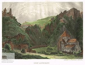 Imagen del vendedor de Dorf Altenahr. Ansicht von Altenahr mit Kirche und Burgruine auf steilen Felsen. Altkolorierter Stahlstich von Frommel und Winkles um 1845 a la venta por historicArt Antiquariat & Kunsthandlung