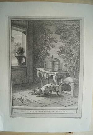 Seller image for Le Chat et les Deux Moinaux. Fable CCXV. Original Kupferstich von Jean-Baptiste Oudry zu den Fabeln von La Fontaine. Paris 1755. for sale by Treptower Buecherkabinett Inh. Schultz Volha