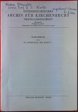 Imagen del vendedor de sterreichisches Archiv fr Kirchenrecht. Vierteljahreszeitschrift. Sonderabdruck aus 16. Jahrgang, 1965, Heft 4. a la venta por biblion2