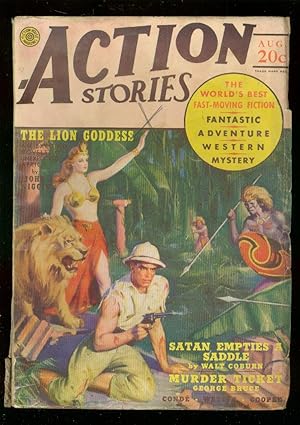 ACTION STORIES PULP AUG 1940-JUNGLE COVER-SCI FI STORY VG+