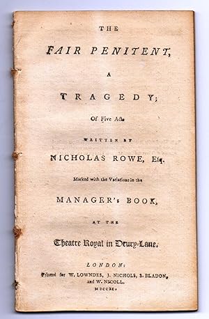 Bild des Verkufers fr The Fair Penitent, a Tragedy; Of Five Acts zum Verkauf von Attic Books (ABAC, ILAB)