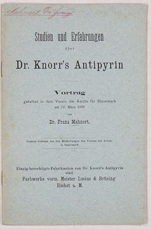 Bild des Verkufers fr Studien und Erfahrungen ber Dr. Knorr's Antipyrin. zum Verkauf von Antiq. F.-D. Shn - Medicusbooks.Com