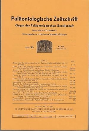 Immagine del venditore per Palontologische Zeitschrift. Band 36, Nr. 1 /2. Organ der Palontologischen Gesellschaft. Aus dem Inhalt: H. K. Erben - ber bhmische und trkische Vertreter von Anetoceras (Ammon, Unterdevon). Mit 2 Tafeln / K.-H. Josten: Neuropteris semireticulata, eine neue Art als Bindeglied zwischen den Gattungen Neuropteris und Reticulopteris. Mit Taf. 3 - 5 / R. Brauer: Vergleichende elektronenmikroskopische Untersuchungen an tertiren Sugetierzhnen (Taf. 9, 10) / A. G. Fischer: Fossilien aus Riffkomplexen der alpinen Trias: Cheilosporites Whner, eine Foraminifere? Mit Taf. 13 und 14. venduto da Antiquariat Carl Wegner