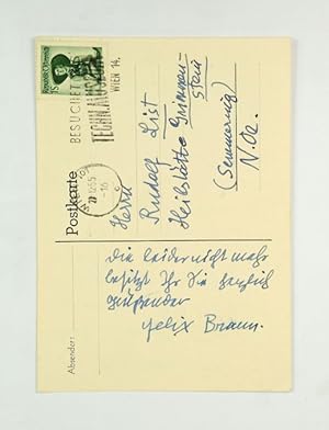 Imagen del vendedor de Eigenh. Briefkarte m. Unterschrift. a la venta por Versandantiquariat Wolfgang Friebes