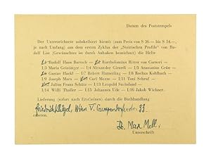 Seller image for Gedruckte Bestellkarte m. eigenh. Lieferadresse u. Unterschrift. for sale by Versandantiquariat Wolfgang Friebes