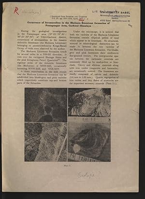 Image du vendeur pour Occurrence of Stromatolites in the Bhelunta limestone formation of Pratapnagar Area, Garhwal Himalaya. Reprinted from Science and Culture Vol. 37, pp. 215-216, April, 1971. mis en vente par Antiquariat Bookfarm