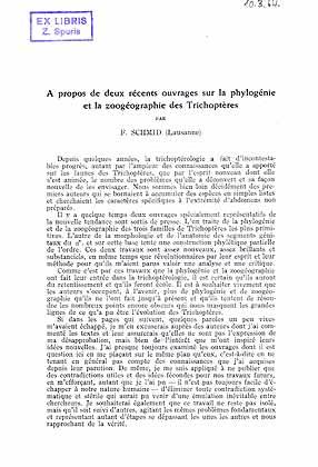 Bild des Verkufers fr A propos de deux rcents ouvrages sur la phylognie et la zoogographie des Trichopres / Evolution and classification of the mountain Caddis-flies / A comparative study of the genitals segments and their appendages in male Trichopterta [all in French!] zum Verkauf von ConchBooks