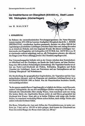 Seller image for Zur Insektenfauna von Obergtsch (500-600 m), Stadt Luzern. VIII. Trichoptera (Kcherfliegen) for sale by ConchBooks