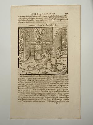 Seller image for De Re metallica libri XII (Vom Berg- und Httenwesen). Buch XI: Vom Entsilbern des Schwarzkupfers und Eisens. Blatt 437/438 (VD17 23:297726T). Dritte lateinische Ausgabe. for sale by Versandantiquariat Christine Laist