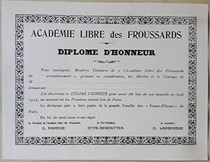 Diplôme d'honneur. Académie libre des Froussards.