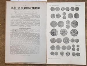 Imagen del vendedor de Bltter fr Mnzfreunde. LIV. ( 54.) Jahrgang 1919 mit den Nummern 3/4 - 12 in 5 Heften, hier ohne Heft 1/2 (fortlaufende Nummern 476/477 - 484/485, ohne No. 474/475). Im Inhalt u. a.: H. Buchenau - Karolingischer Vierling / Karl Roll: Salzburger Stempeleisen des Mnzamtes Wien / Gustav Schttle: Kaspar Bernhard von Rechberg, ein bisher unbekannter Kippermnzherr / Alfred Noss: Pfennige von Trier und Kln gem Vertrag von 1374 sowie der Pfennig von 1371 (= Monatsschrift fr Mnz- und Schaumnzkunde, frher: Medaillenkunde. Organ des Numismatischen Vereins zu Dresden und der Bayerischen Numismatischen Gesellschaft.) a la venta por Antiquariat Carl Wegner