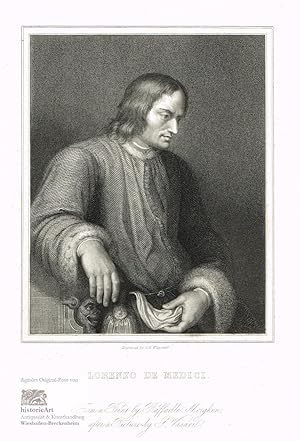 Seller image for Lorenzo de Medici. Halbfigur nach viertelrechts im Pelzmantel. Stahlstich von Wagstaff um 1850 for sale by historicArt Antiquariat & Kunsthandlung