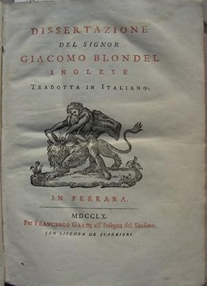 Immagine del venditore per DISSERTAZIONE del Sig. Inglese tradotta in italiano. venduto da SCRIPTORIUM Studio Bibliografico