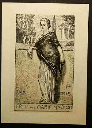 Exlibris Fritz und Marie Nachod. Frau in antikem Gewand an einer Mauer lehnend, im Hintergrund Sä...
