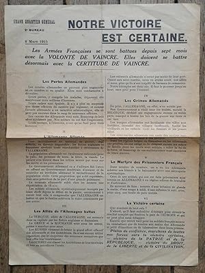 Affichette NOTRE VICTOIRE est CERTAINE - Grand Quartier Général - 8 mars 1915