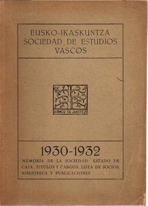 Seller image for Eusko-Ikaskuntza = Sociedad de Estudios Vascos 1932-1934 Memoria de la Socidedad, Estado de caja; Ttulos y cargos; Lista de socios; Bilbioteca; Publicaciones. for sale by Librera Astarloa