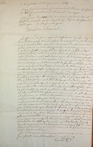 Seller image for Lettre autographe signe de Joseph de Luzy chef de brigade du gnie et directeur des fortifications de St domingue  l'amiral Duckworth. 3 janvier 1804. for sale by Bonnefoi Livres Anciens