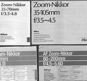 Imagen del vendedor de Nikon Camera manuals for the Zoom-Nikkor 35-105mm f/3.5~4.5, AF Zoom-Nikkor 35-80mm f/4-5.6D, AF Zoom-Nikkor 80-200mm f/4.5-5.6D. a la venta por Wittenborn Art Books