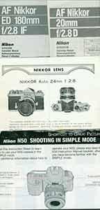 Imagen del vendedor de Nikon instruction manuals for AF Nikkor 20mm f/2.8D, AF Nikkor ED 180mm f/2.8 IF, Nikkor Lens Auto 24mm f/2.8 and an instruction sheet for Nikon N50 Shooting in Simple Mode. a la venta por Wittenborn Art Books