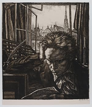 Seller image for Ludwig van Beethoven beim Studium einer Partitur. Vor einem geffneten Fenster, durch das man auf den Stephansdom und die umliegenden Dcher von Wien blickt. for sale by Galerie Joseph Fach GmbH