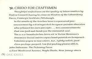 Image du vendeur pour CREDO FOR CRAFTSMEN PROSPECTUS mis en vente par Oak Knoll Books, ABAA, ILAB