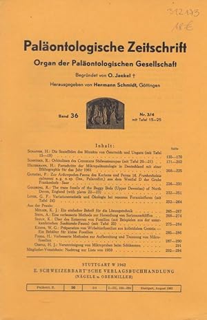 Imagen del vendedor de Palontologische Zeitschrift. Band 36, Nr. 3/4 mit Tafel 15-25. Organ der Palontologischen Gesellschaft. Inhalt: H. Schaffer-Die Scutelliden des Miozns von sterreich und Ungarn ( Taf.15-19) / R. Schrder-Orbitolinen des Cenomans Sdwesteuropas ( Taf.20-21) / H. Hiltermann-Fortschritte der Mikropalontologie in Deutschland mit einer Bibliographie fr 1961 / P. Guthrl-Zur Arthropoden-Fauna des Karbons und Perms. Frankenholzia culmanni n.g.n.sp. (Ins., Palacodict.) aus dem Westfal D der Grube Frankenholz-Saar / R. Goldring-The trace fossils of the Baggy Beds (Upper Devonian) of North Devon, England ( plates 22-23) / G.F. Lutze-Variationsstatistik und kologie bei rezenten Foraminiferen (Taf.24) / K.J. Mller-Ein einfacher Behelf fr Lsungstechnik / A. Siehl-Eine verbesserte Methode zur Herstellung von Serienanschliffen / K. Sdzuy-ber das Entzerren von Fossilien (mit Beisp.aus der unterkambrischen Saukianda-Fauna) (Taf.25) / W.G. Khne-Prparation von Wirbeltierfossilien aus kollodia a la venta por Antiquariat Carl Wegner