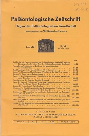 Imagen del vendedor de Palontologische Zeitschrift. Band 37, Nr. 1/2 mit Tafel 1-10. Organ der Palontologischen Gesellschaft. Inhalt: Bericht ber die Jahresversammlung 1962 / E. Kuhn-Schnyder - Erffnungsansprache zur Jahresverammlung / ders.: Wege der Reptilien-Systematik / O.H. Schindewolf-Begrung durch den Geschftsfhrer / W. Gross-Herkunft und Entstehung der Wirbeltiere in der Sicht Otto Jaekel's / T. Edinger-Neues aus der Paloneurologie / J. Orlov-Die Entwicklung der Palontologie in der Sowjetunion whrend der letzten Jahrzehnte / B. Krebs-Bau und Funktion des Tarsus eines Pseudosuchiers aus der Trias des Monte San Giorgio (Kanton Tessin,Schweiz ) / B. Ziegler-Ammoniten als Faziesfossilien / J. Wiedmann-Entwicklungsprinzipien der Kreideammoniten (Notizen zur Systematik der Kreideammoniten IV., mit Taf. 1) / A. Eisenack-Melanoskleriten aus anstehenden Sedimenten und aus Geschieben (Taf.2-3) / P. Siegfreid-Bryozoen in Steinkernerhaltung aus ordovizischem Geschiebe (Taf.4-7) / E. Kristan-Tollmann-E a la venta por Antiquariat Carl Wegner