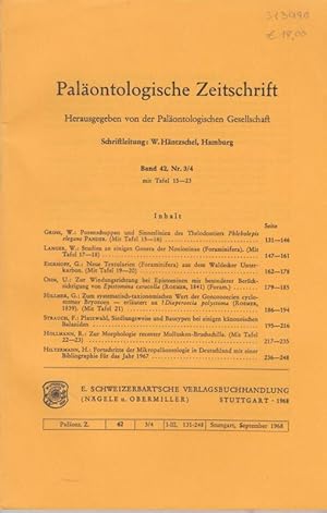 Imagen del vendedor de Palontologische Zeitschrift. Band 42, Nr. 3/4 mit Tafel 15-23. Herausgegeben von der Palontologischen Gesellschaft. Inhalt: W. Gross-Porenschuppen und Sinneslinien des Thelodontiers Phlebolepis elegans Pander ( mit Taf. 15-16 ) / W. Langer: Studien aus einigen Genera der Nonioninae (Foraminifera, mit Taf. 17-18) / G. Eickhoff-Neue Textularien (Foraminifera) aus dem Waldecker Unterkarbon ( mit Taf. 19-20 ) / U. Ohm-Zur Windungsrichtung bei Epistominen mit besonderer Bercksichtigung von Epistomina caracolla (Roemer, 1841)(Foram.) / G. Hillmer-Zum systematisch-taxionomischen Wert der Gonozooecien cyclostomer Bryozoen-erlutert an ?Diaperoecia polystoma (Roemer,139, mit Taf.21) / F. Strauch-Platzwahl, Siedlungsweise und Bautypen bei einigen knozoischen Balaniden / R. Hollmann-Zur Morphologie rezenter Mollusken-Bruchschille (Taf.22-23) / H. Hiltermann-Fortschritte der Mikropalontologie in Deutschland mit Bibliographie 1967. a la venta por Antiquariat Carl Wegner