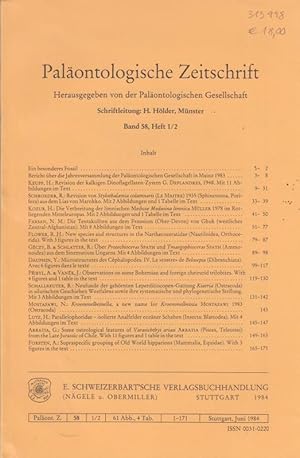 Bild des Verkufers fr Palontologische Zeitschrift. Band 58, Nr. 1/2. Herausgegeben von der Palontologischen Gesellschaft. Inhalt: Ein bes. Fossil / Bericht ber die Jahresversammlung Mainz 1983 / H. Keupp-Revision der kalkigen Dinoflagellaten-Zysten G. Deflandres, 1948. (mit 11 Abb.) / R. Schroeder-Revision von Stylothalamia columnaris (Le Maitre) 1935 ( Sphinctozoa, Porifera) aus dem Lias von Marokko (2 Abb.und 1 Tab.) / H. Kozur-Die Verbreitung der limnischen Meduse Medusina limnica Mller 1978 im rotliegenden Mitteleuropas (2 Abb., 1 Tab.) / N.M. Farsan-Die Tentakuliten aus dem Frasnium (Oberdevon) von Ghuk (westl. Zentralafghanistan, mit 8 Abb.) / R.H. Flower-New species and structures in the Narthecoceratidae (Nautiloidea, Orthocerida, with 3 fig. ) / B. Geczy & R. Schlatter-ber Protechioceras Spath und Tmaegophioceras Spath ( Ammonoidea) aus dem sinemurium Ungarns (mit 4 Abb. ) / Y. Dauphin-Microstructures des Celaphopodes. IV. Le "Rostre" de Belosepia (Dibranchiata, avec 6 fig.) / A. Pribyl & J. V zum Verkauf von Antiquariat Carl Wegner