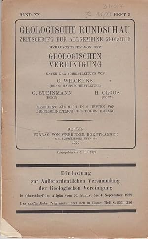 Imagen del vendedor de Geologische Rundschau. Zeitschrift fr allgemeine Geologie. Band XX, Heft 3. 1929. Herausgegeben von der Geologischen Vereinigung. Inhalt: Walter Geisler-Beobachtungen ber Stratigraphie und Tektonik der Mac Donnell-Kette in Zentralaustralien (mit 1 Taf. und 3 Textfig.) / Richard Uhden-Der lybische Ur Nil in Obergypten (1 Textfig.) / E. Bederke-Die Grenze von Ost- und Westsudeten (2 Textfig.) / Moritz M. Blumenthal-ber das Alter der ersten postorogenetischen Sedimente in den westl. betischen Kordilleren und die dadurch festgelegte Hauptphase der Gebirgsbildung - Besprechungen - Geologscher Unterricht - Bcher- und Zeitschriftenschau - Vereins- und Personennachrichten - Geologische Vereinigung. a la venta por Antiquariat Carl Wegner