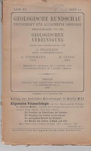 Seller image for Geologische Rundschau. Zeitschrift fr allgemeine Geologie. Band XX, Heft 4/5. 1929. Herausgegeben von der Geologischen Vereinigung. Inhalt: A. Dannenberg-Die Verbreitung, Ausbildung und tektonischen Verhltnisse der flzfhrenden unteren Kreide ( Wealden) im westl. Kanada (Provinz Alberta und Brit. Columbia (mit 1 Taf. und 5 Textfig.) / H.G. Steinmann-Die Bedeutung der Liasbreccien im Unterostalpin Sdbndens (2 Textfig.) / Erich Wasmund-Biostratonomisch-Malakolog. Beobachtungen zur Quartrgeschichte der Sdrussisch-Pontischen Saumtiefe (1 Textfig.) / C.W. Kockel-Transgressionen und berschiebungen im Ostbalkan ( 2 Textfig.) (Balkanforsch. des Geolog. Instituts der Univ. Leipzig / Rudolf Leutelt-Die Gipfelflur der Alpen. Eine Einfhrung in das Problem / K. Hummel-Die tekton. Entwicklung von Vogelsberg und Rhn / Walter Del-Negro-Zur Alpensynthese - Zuschriften an die Schriftleitung - Besprechungen - Bcher- und Zeitschriftenschau - Vereins- und Personennachrichten - Geologische Verein for sale by Antiquariat Carl Wegner