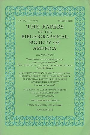 Seller image for THE PAPERS OF THE BIBLIOGRAPHICAL SOCIETY OF AMERICA. Volume Seventy-One, Second Quarter, 1977. for sale by Blue Mountain Books & Manuscripts, Ltd.