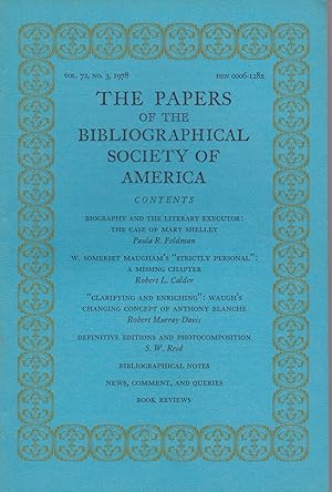 Seller image for THE PAPERS OF THE BIBLIOGRAPHICAL SOCIETY OF AMERICA. Volume Seventy-Two, Third Quarter, 1978. for sale by Blue Mountain Books & Manuscripts, Ltd.