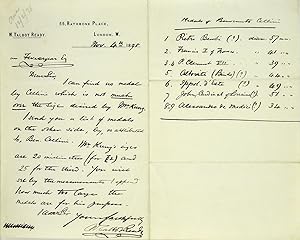 HANDWRITTEN LETTER, SIGNED, DATED NOVEMBER 4, 1898, ON THE MEDALS OF BENVENUTO CELLINI