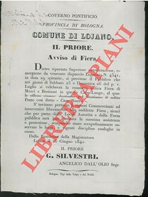 Avviso di Fiera di Merci e Bestiami, a Lojano il 25 e 26 luglio "nel solito prato cosi detto Casa...