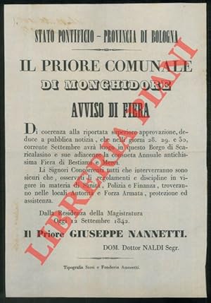 Avviso di Fiera di Bestiami, e Merci a Scaricalasino il 28, 29 e 30 settembre.