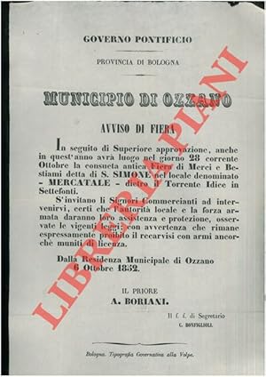 Avviso di Fiera. L'antica fiera di Merci e Bestiami detta di S. Simone, avrà luogo il 28 ottobre ...