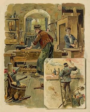 Seller image for SCHREINER. Blick in eine Schreinerwerkstatt mit allem Handwerkszeug, der Meister an der Hobelbank, ein Lehrling beim Leimen mit zwei Zwingen. Daneben eine Detaildarstellung. for sale by Peter Bierl Buch- & Kunstantiquariat Inh.: Andrea Bierl