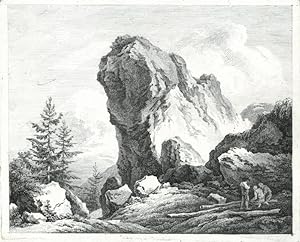 LANDSCHAFT. - Felsen. Großer Felsen in gebirgiger Landschaft. Drei Männer bearbeiten am rechten R...