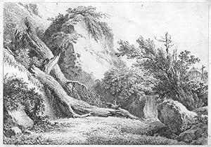 Bild des Verkufers fr MARTIN VON MOLITOR (1759 - 1812). Felsenlandschaft. Links liegen zwei umgestrzte Baumstmme an einem Hang. Durch Strucher hindurch sieht man einen kleinen Wasserfall und hat den Blick auf eine Einsiedelei am rechten Bildrand. zum Verkauf von Peter Bierl Buch- & Kunstantiquariat Inh.: Andrea Bierl