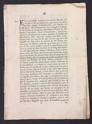 Valencia. Reglamento sobre Carpinteros y la Madera que viene por el Rio. 1741.