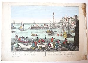 [Antique optical view, OPTICA prent, ca. 1750] Prospectus portus marini Urbis Genuae (Genua), pub...