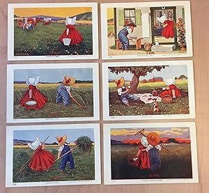 Set of 6 postcards showing hourly routines on the farm