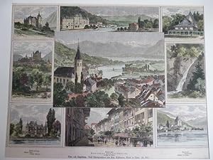 Orig. kolorierter Holzstich - Schweiz - Thun und Umgebung.