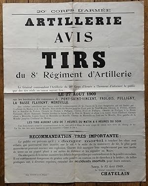 PLACARD - en-tête 20° Corps d'Armée - ARTILLERIE - Avis TIRS du 8° Régiment d'Artillerie - 1909