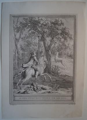 Imagen del vendedor de Le Cheval S Etant Voulu Venger du Cerf. Fable LXXIII. Original Kupferstich von Jean-Baptiste Oudry zu den Fabeln von La Fontaine. Paris 1755. a la venta por Treptower Buecherkabinett Inh. Schultz Volha