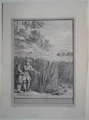 Imagen del vendedor de L Alouette et ses Petits, Avec Le Matre Dux Champ. Fable LXXXII. Original Kupferstich von Jean-Baptiste Oudry zu den Fabeln von La Fontaine. Paris 1755. a la venta por Treptower Buecherkabinett Inh. Schultz Volha