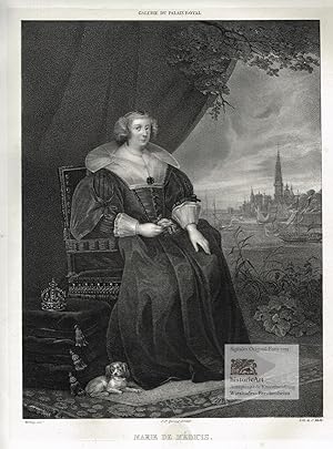 Seller image for Marie de Medicis. Ganzfigur in einem Lehnstuhl sitzend, die Kniginkrone neben ihr auf Kissen abgelegt, zu ihren Fen ihr Hndchen. Groe Original-Lithographie von Charles Motte nach einem Gemlde von Bellay in der Galerie du Palais Royal in Paris 1825 for sale by historicArt Antiquariat & Kunsthandlung