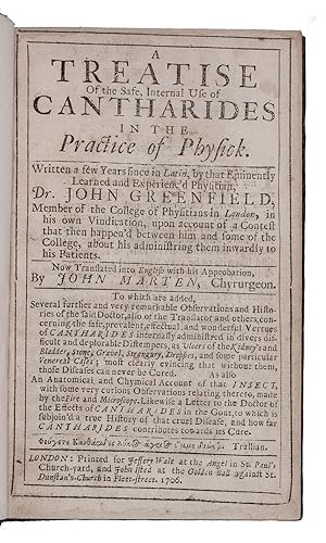 Bild des Verkufers fr A treatise of the safe, internal use of cantharides in the practice of physick.London, Jeffrey Wale, John Isted, 1706. 8vo. 19th-century tanned half sheepskin, tree-marbled paper sides. zum Verkauf von Antiquariaat FORUM BV