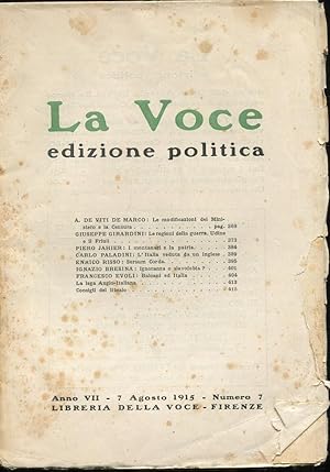 LA VOCE POLITICA - 1915 - numero 07 del 07 agosto 1915 - direttore PREZZOLINI), Firenze, Libreria...